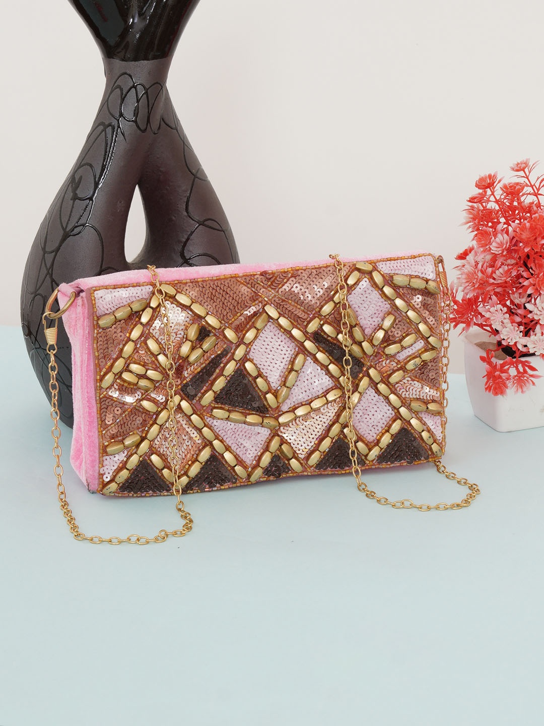

FABBHUE Pink & Gold-Toned Embellished Clutch