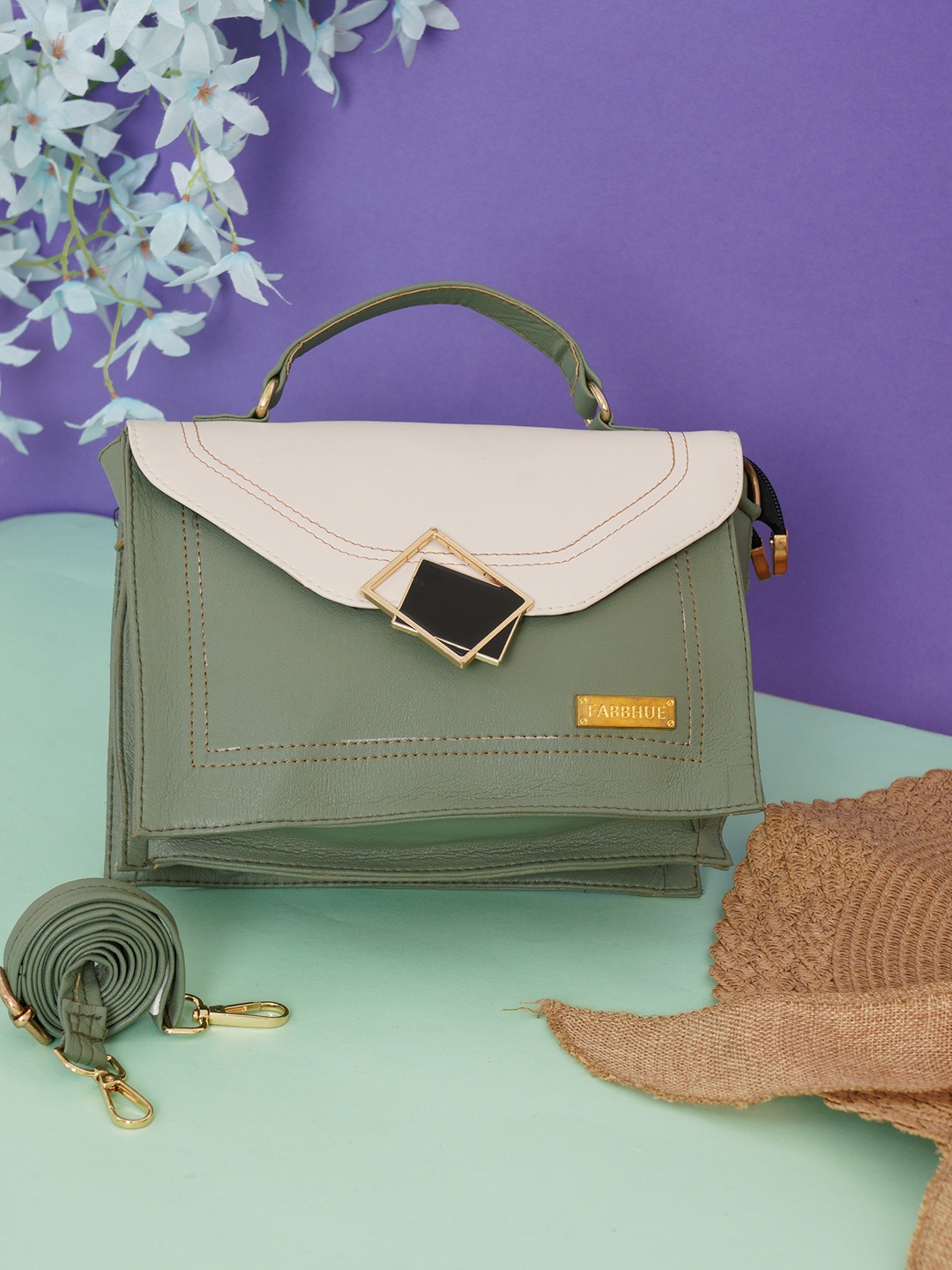 

FABBHUE Women Olive Green Colorblocked PU Structured Satchel