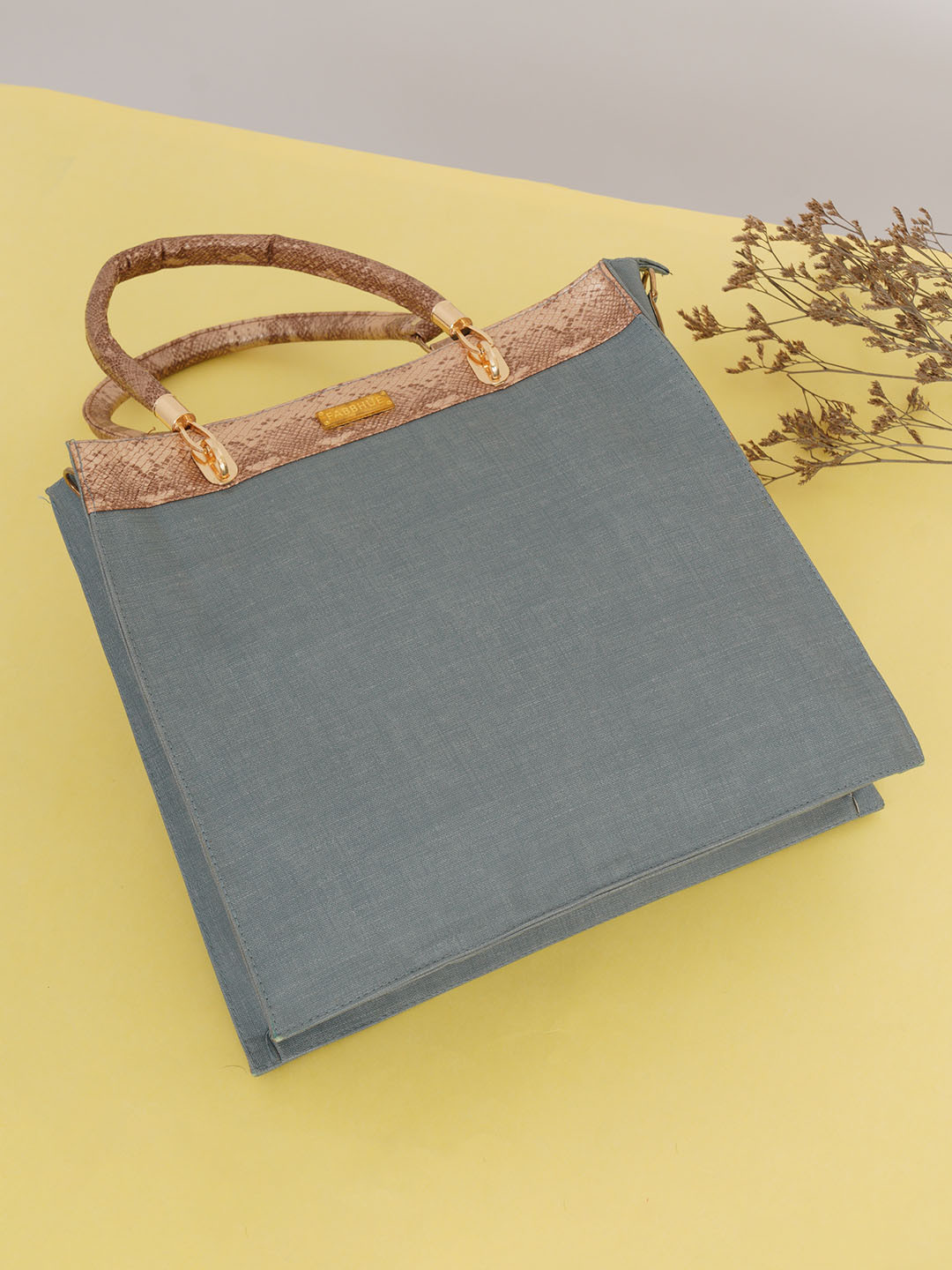 

FABBHUE Grey PU Structured Handheld Bag