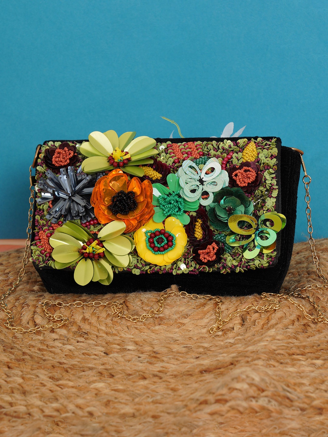 

FABBHUE Green & Yellow Embellished Box Clutch