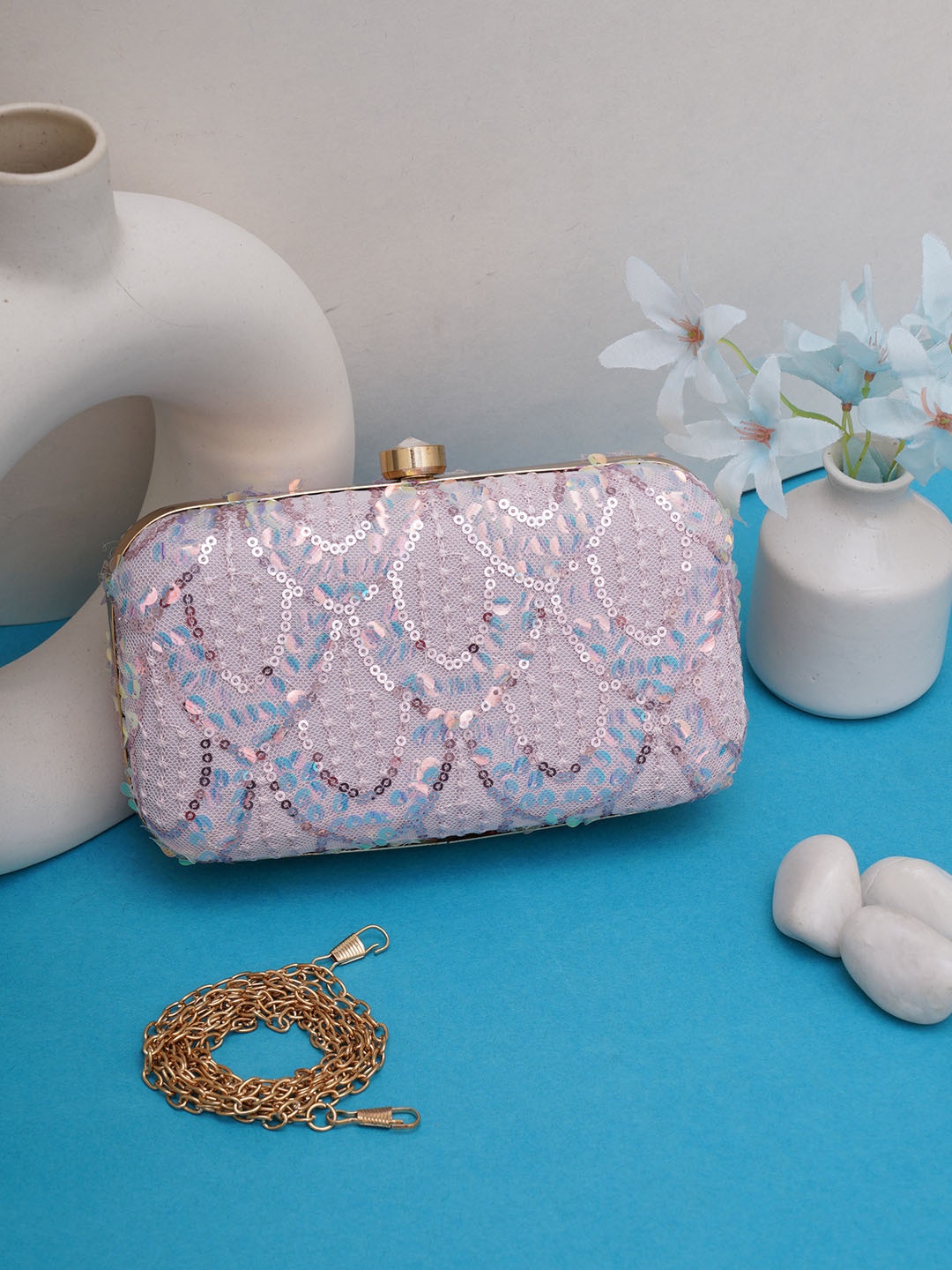 

FABBHUE Pink & Gold-Toned Embellished Box Clutch