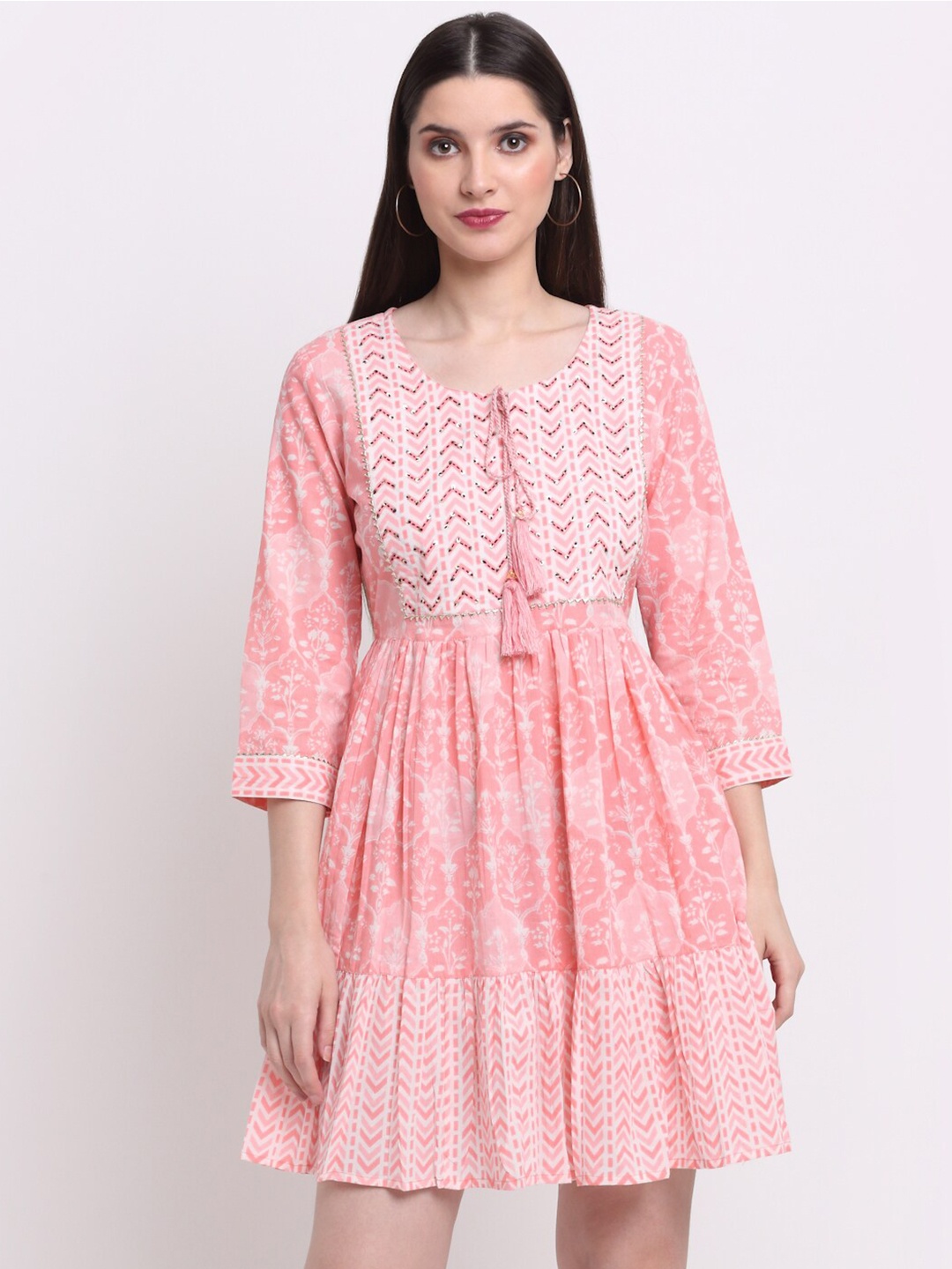 

KALINI Peach-Coloured & White Ethnic Motifs Ethnic Dress