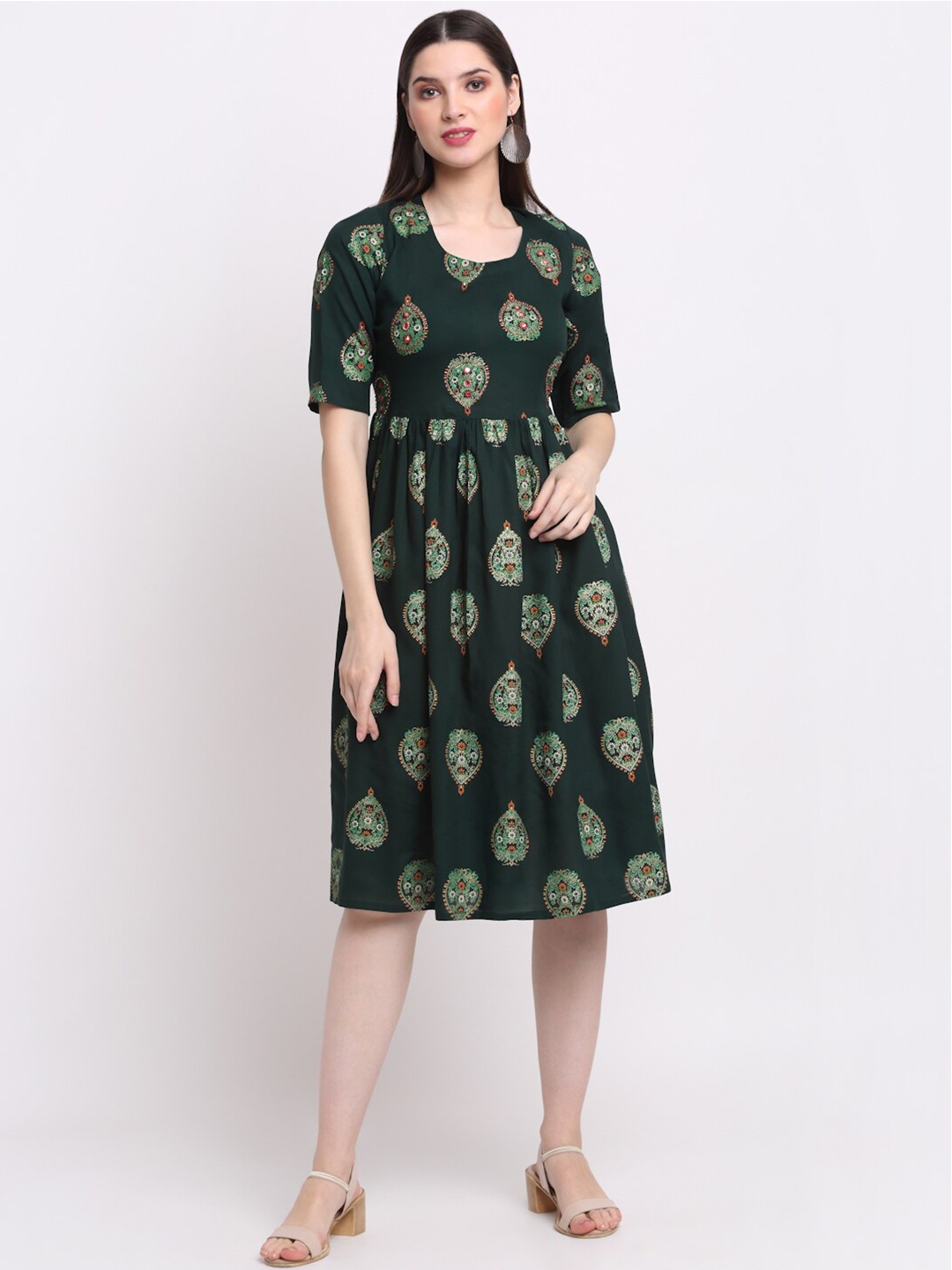 

KALINI Green & Red Ethnic Motifs Printed Fit & Flare Dress