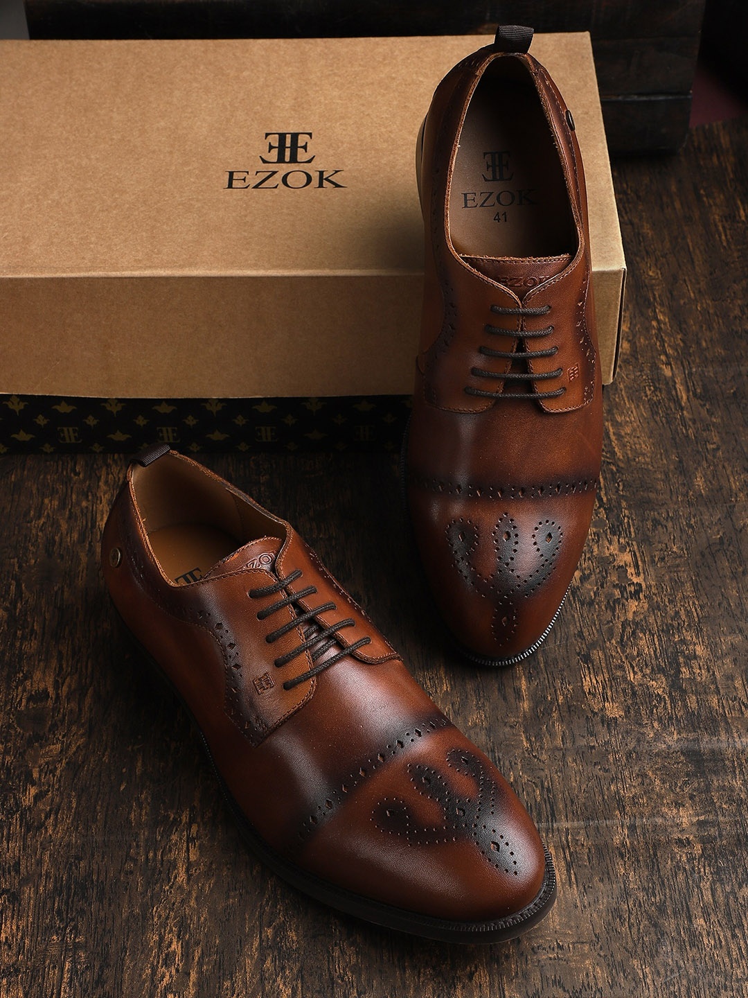 

EZOK Men Tan Solid Leather Formal Brogues