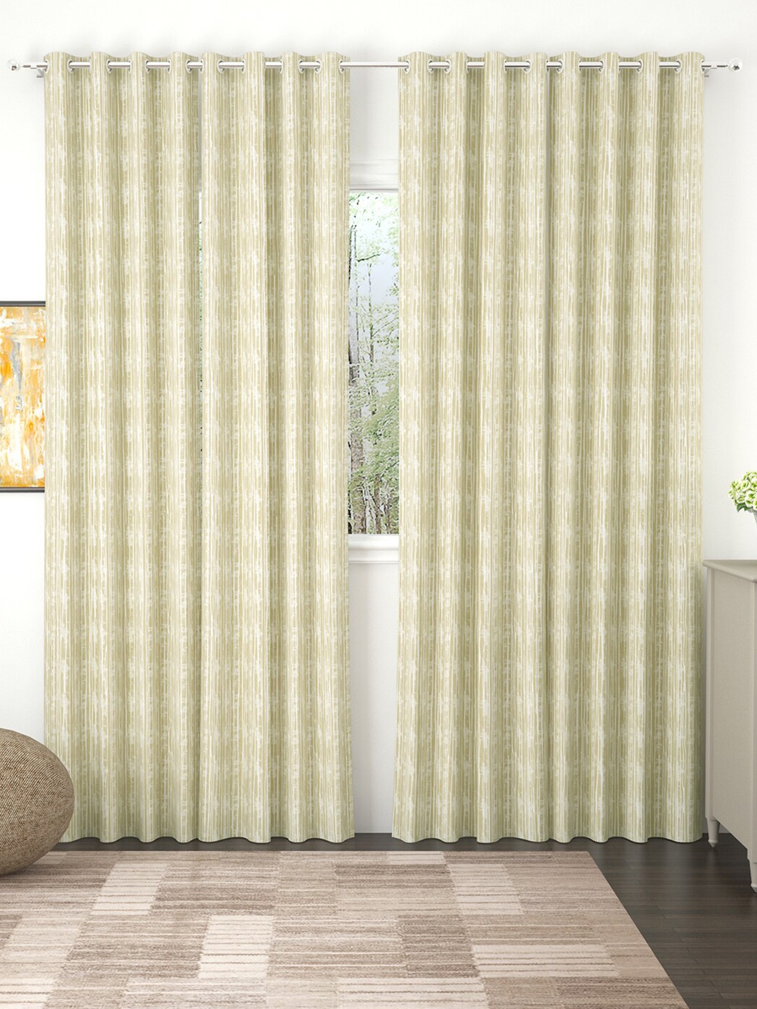 

Story@home Beige Set of 4 Striped Print Room Darkening Long Door Curtain