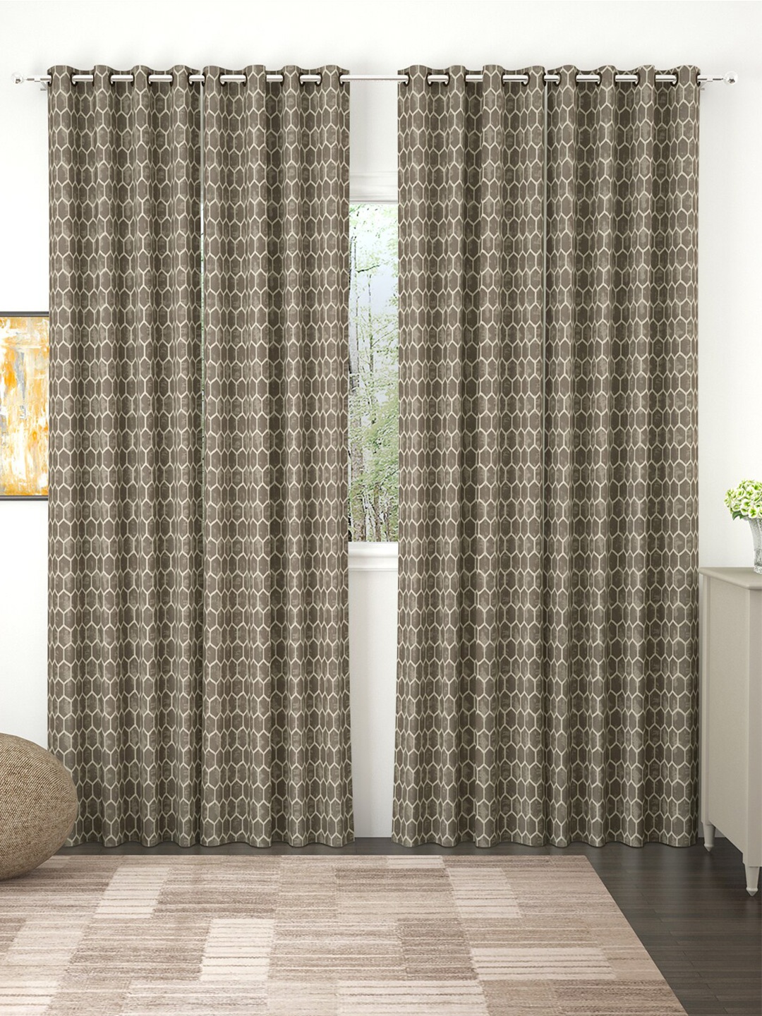 

Story@home Set of 4 Brown Geometric Print Room Darkening Door Curtain