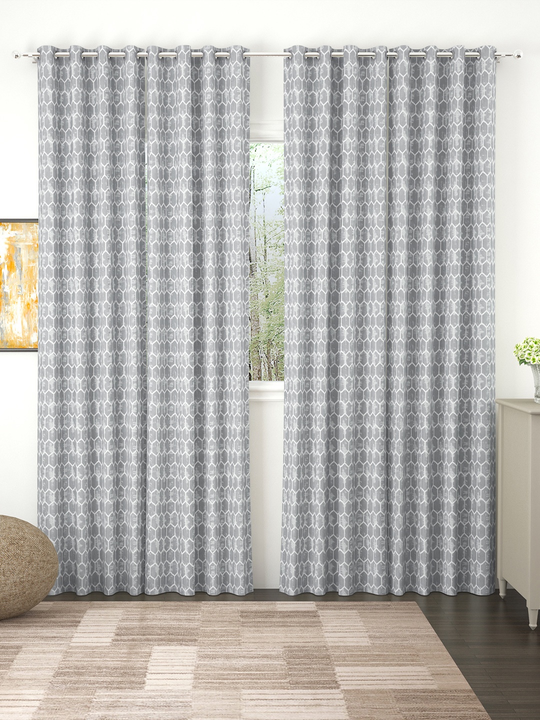 

Story@home Set of 4 Grey Geometric Print Room Darkening Long Door Curtain