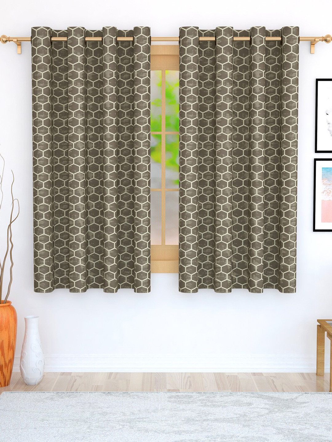

Story@home Set of 2 Brown Geometric Print Room Darkening Window Curtain