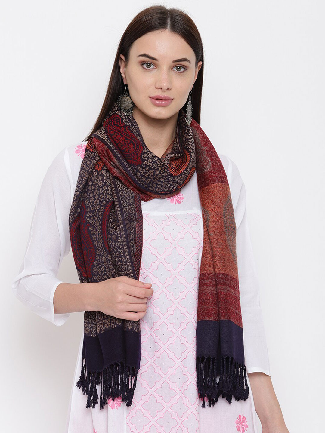 

HK colours of fashion Women Navy Blue & Red Woven Design Liva Stole