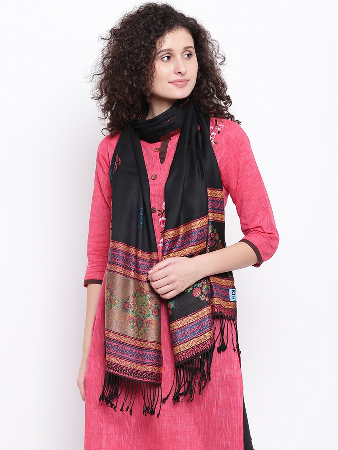

HK colours of fashion Women Black & Pink Woven Design Stole