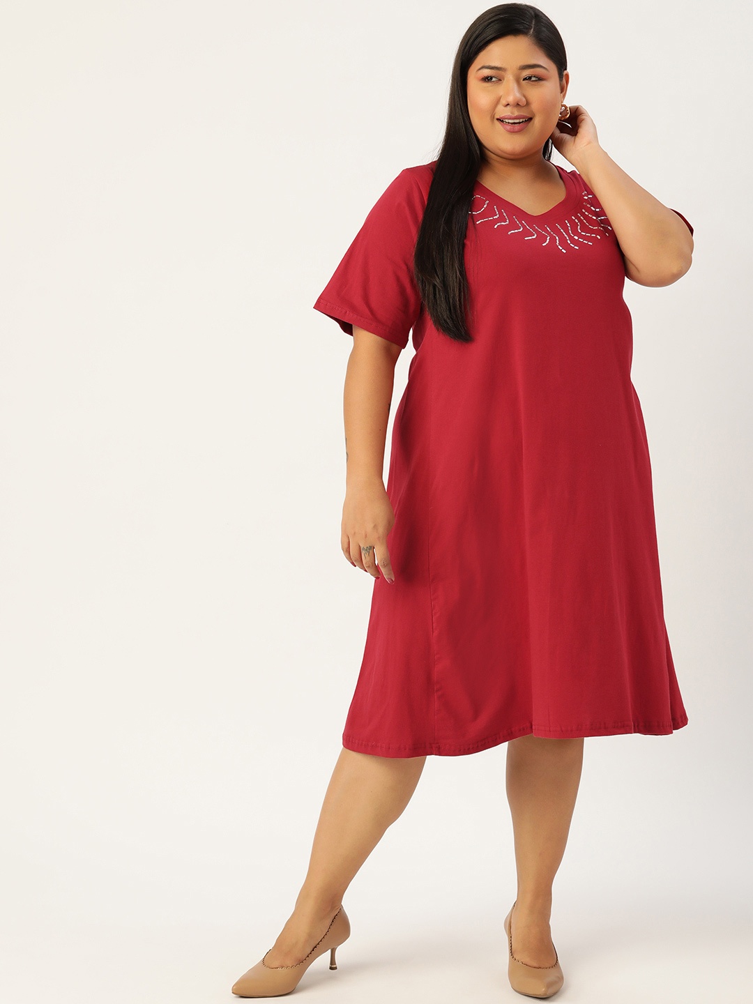 

theRebelinme Women Maroon Embellished Cotton A-Line Dress