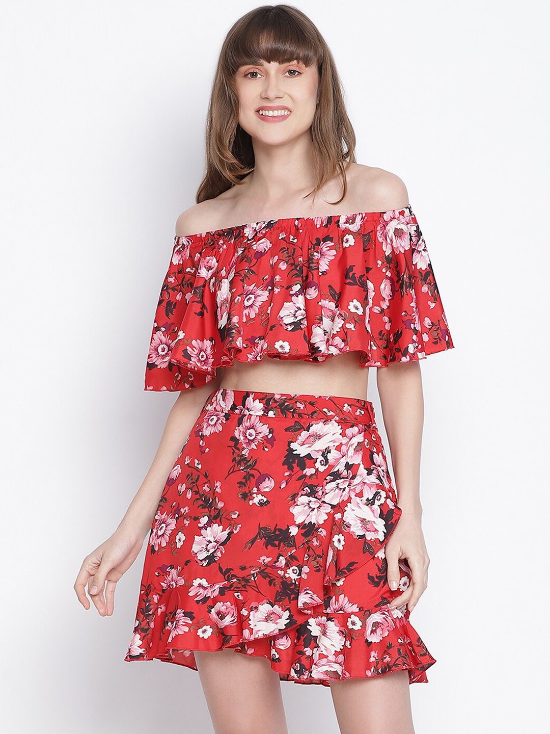 

DRAAX Fashions Women Red Printed Top With Skirt Co-Ords