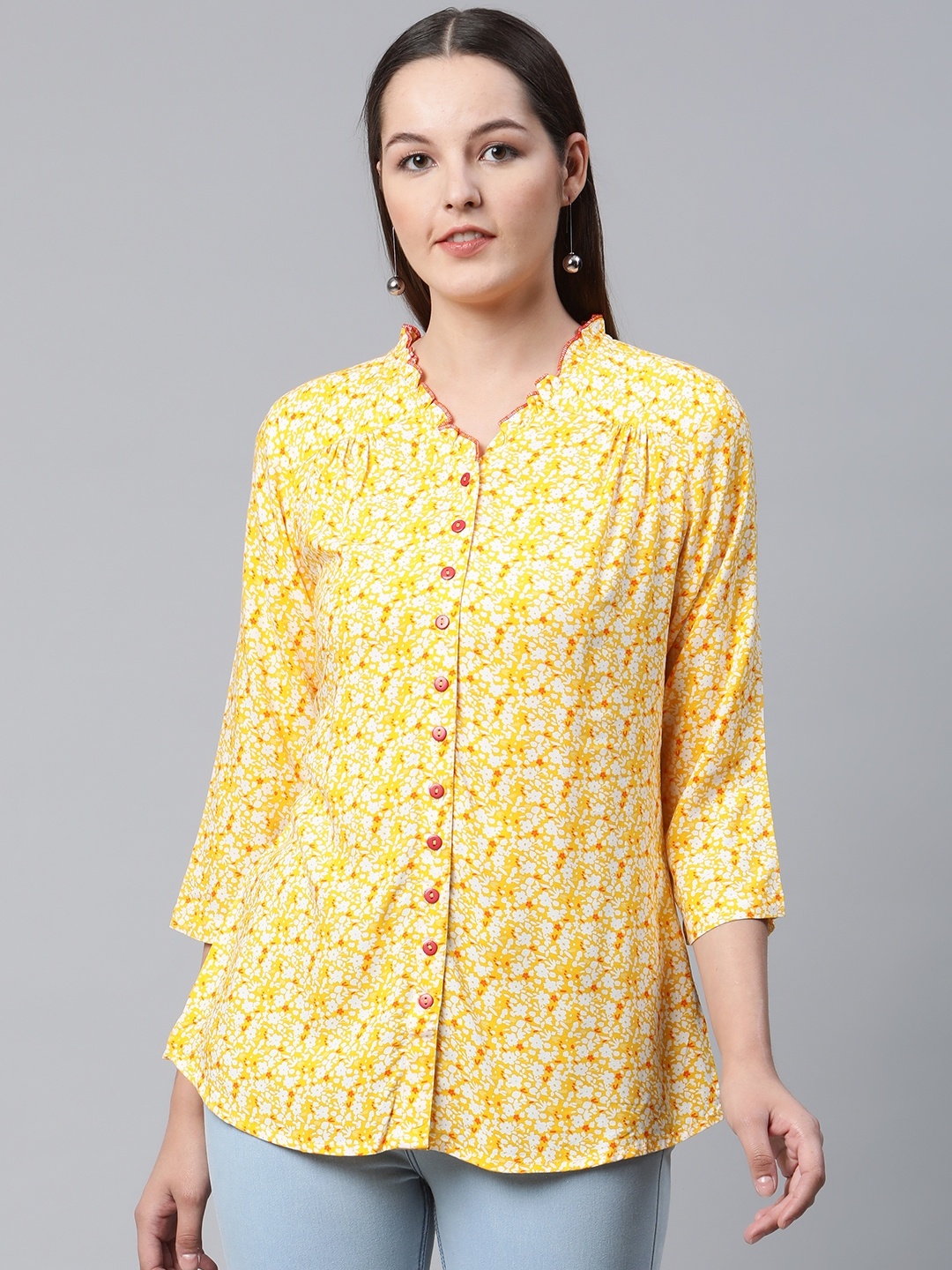 

Ayaany Yellow Floral Print Longline Cotton Top