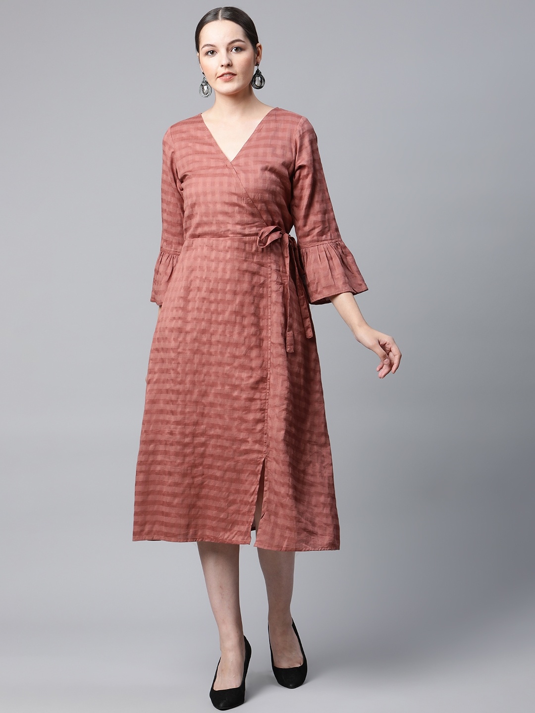 

Ayaany Brown Striped Midi Wrap Dress