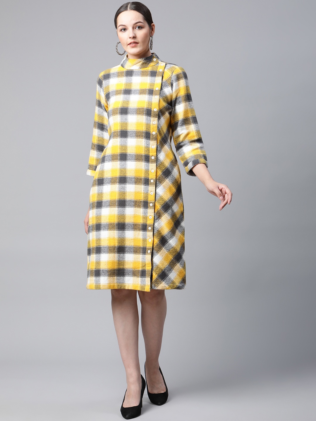 

Ayaany Yellow & White Checked High Neck Sheath Dress