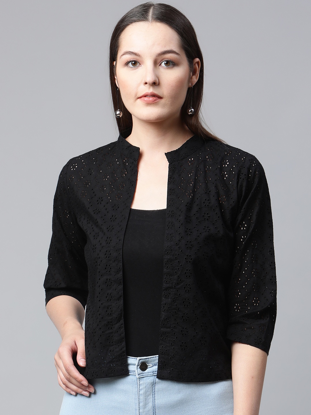 

Ayaany Women Black Embroidered Front Open Shrug