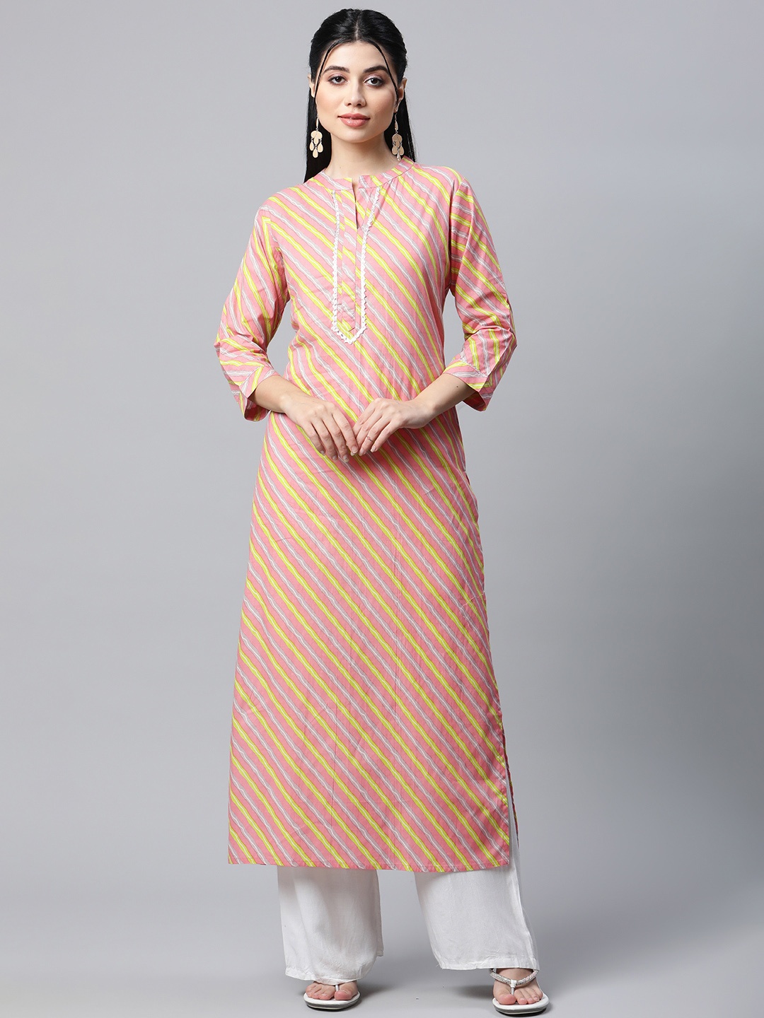 

mokshi Women Peach-Coloured & Yellow Leheriya Gotta Patti Cotton Kurta