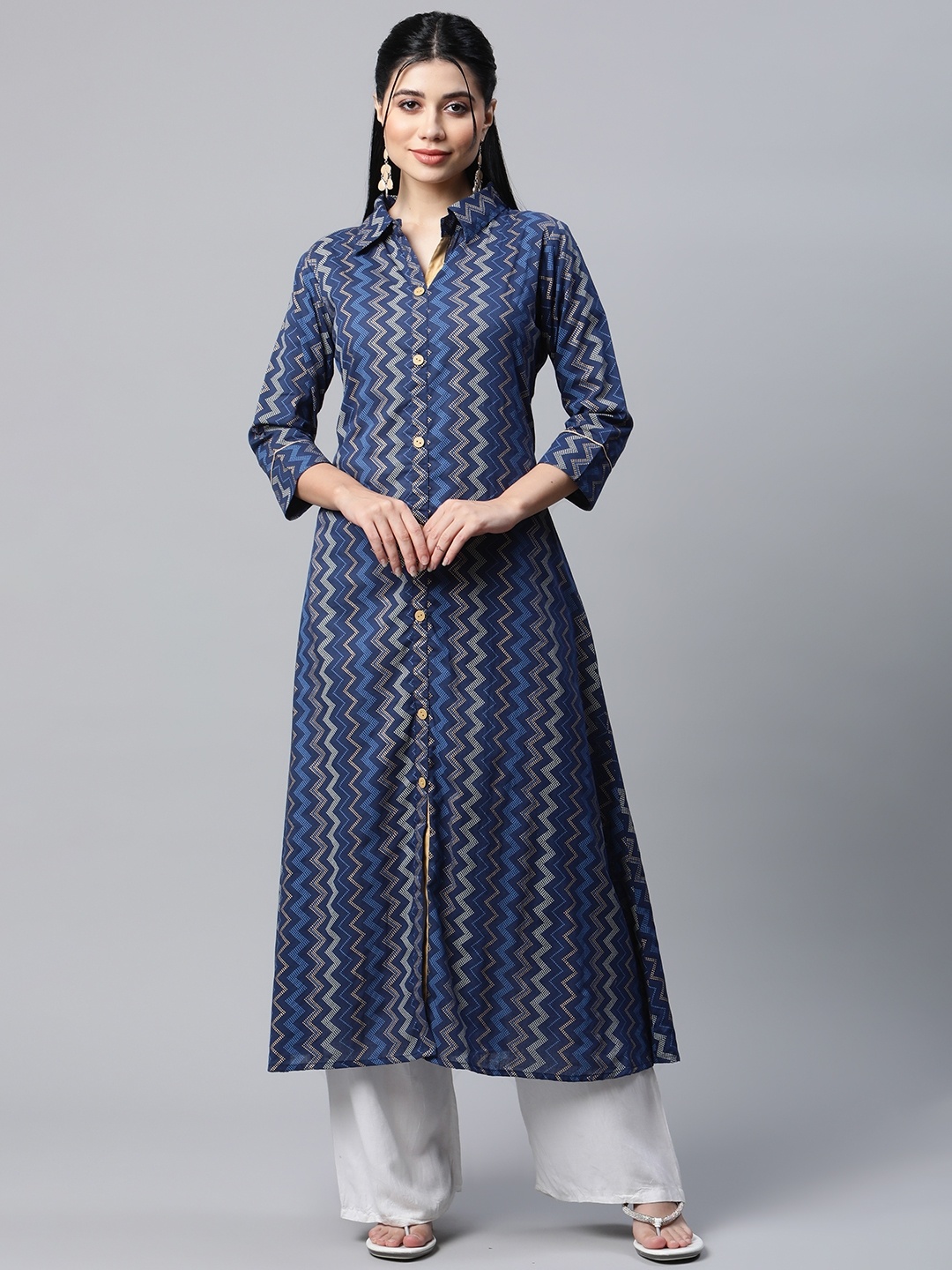 

mokshi Women Navy Blue & Grey Chevron Printed Kurta