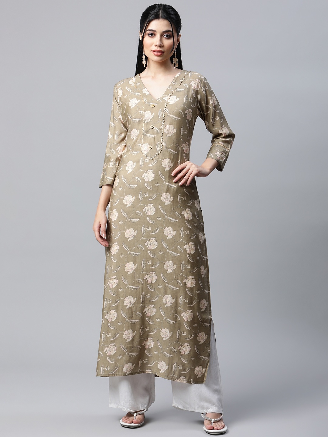 

mokshi Women Green & Cream-Coloured Floral Printed Gotta Patti Kurta