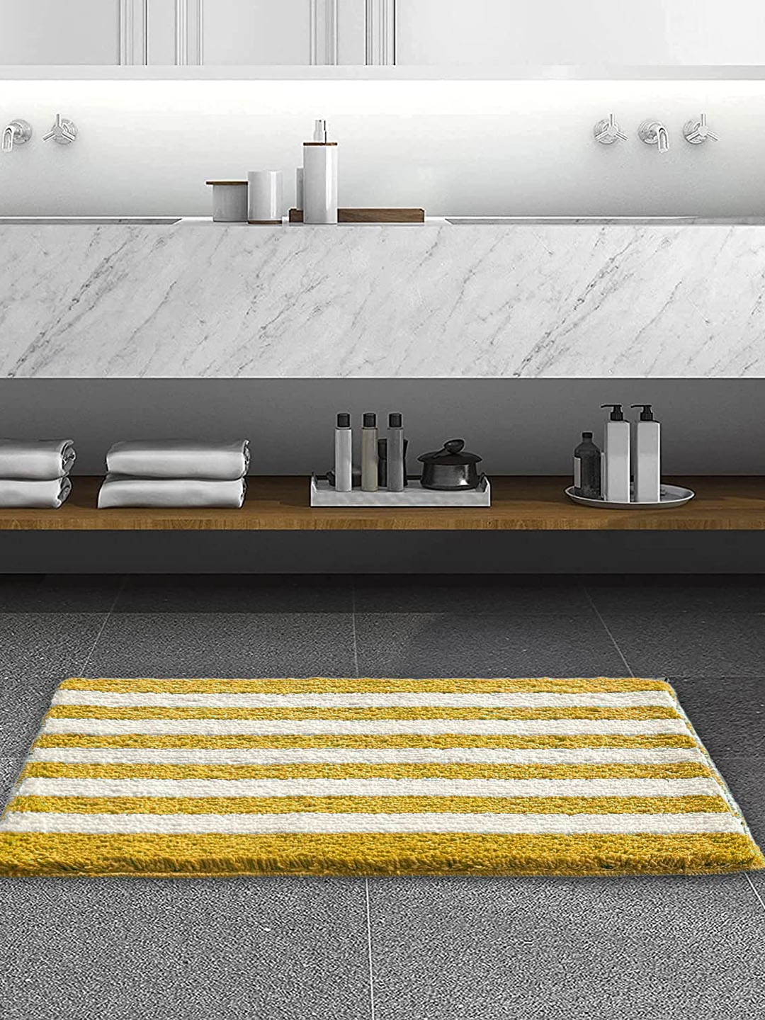 

ROSEATE Yellow & White Striped GSM 2000 Bath Rug