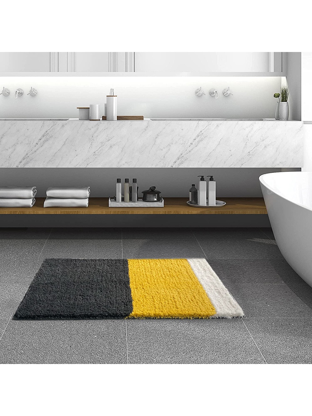 

ROSEATE Yellow & White Colourblocked 2000 GSM Bath Rugs