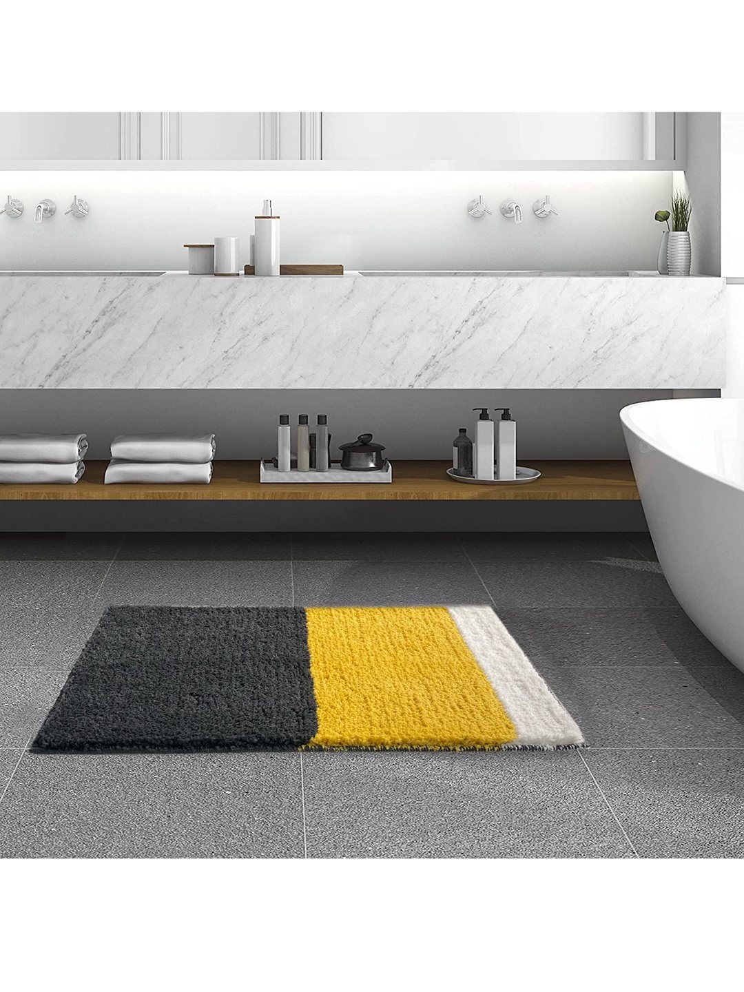 

ROSEATE Yellow & Black Colourblocked 2000 GSM Bath Rugs