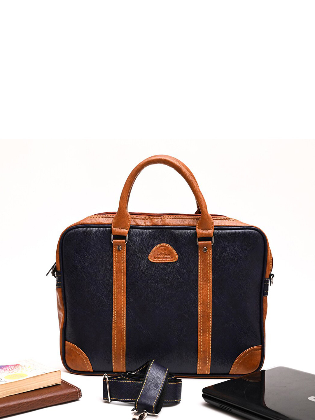 

SWISS MILITARY Navy Blue & Brown Colourblocked PU Laptop Bag