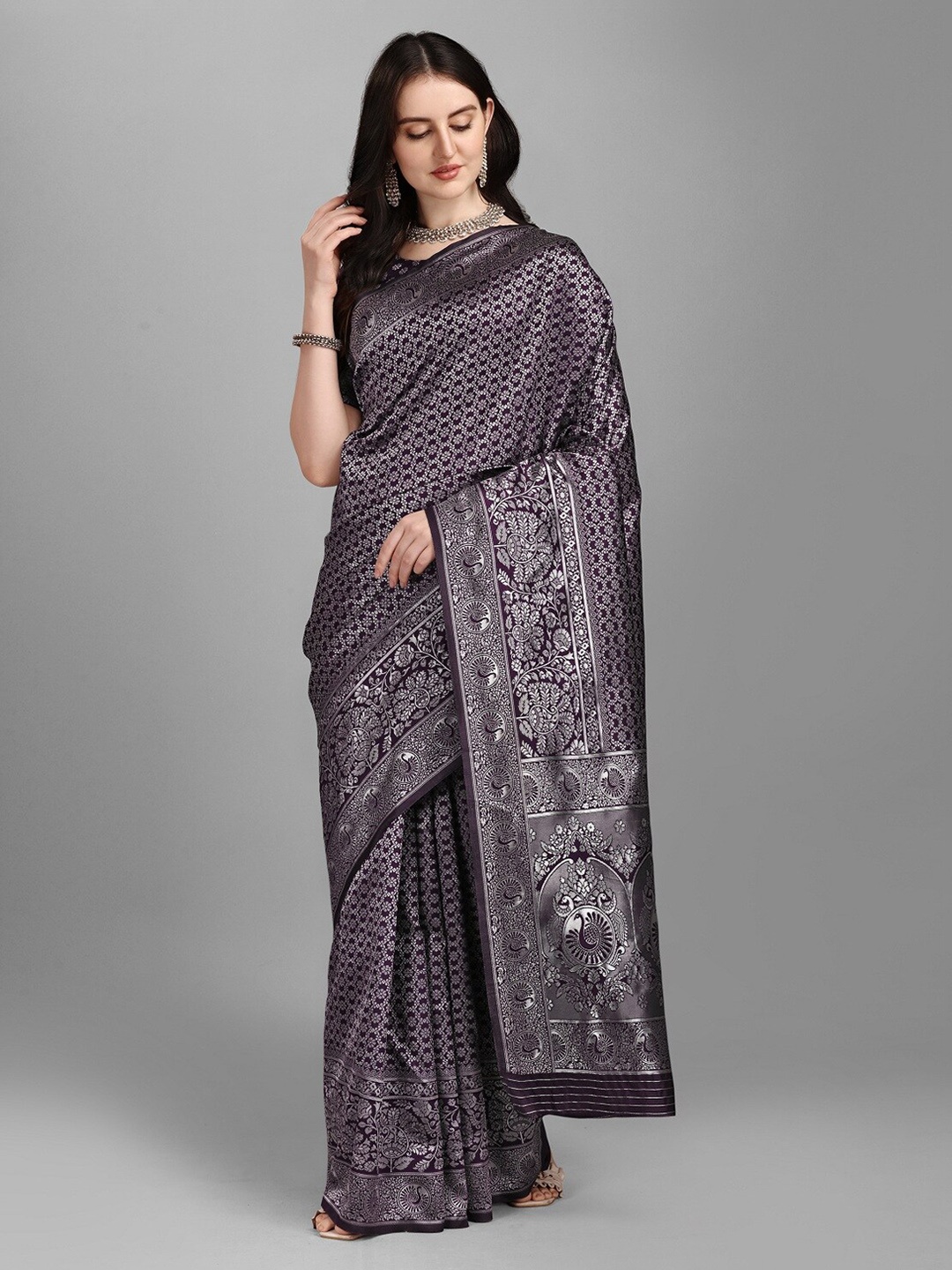 

Fashion Basket Woman Brown & Silver-Toned Ethnic Motifs Zari Art Silk Saree