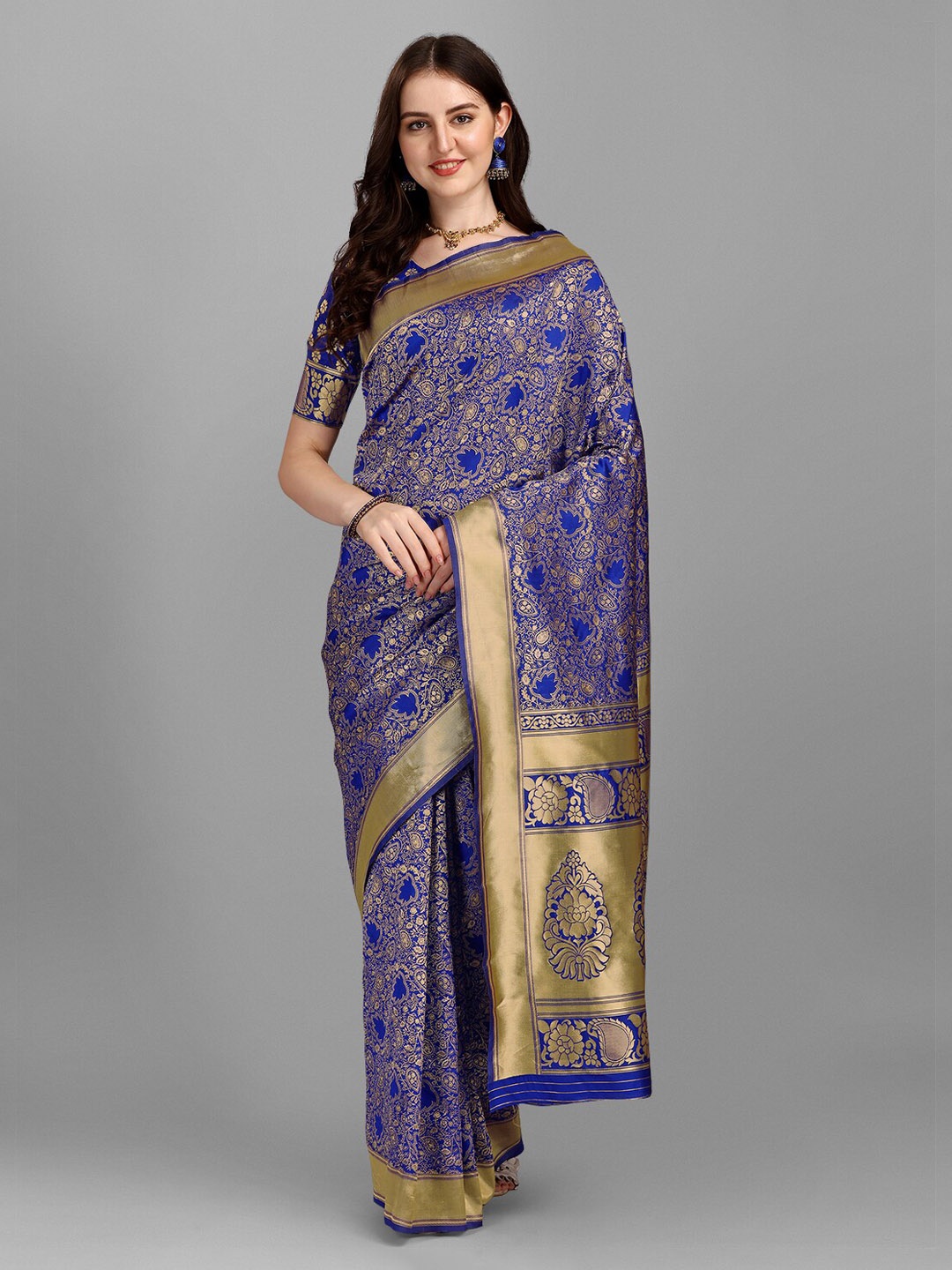 

Fashion Basket Blue & Gold-Toned Ethnic Motifs Art Silk Saree