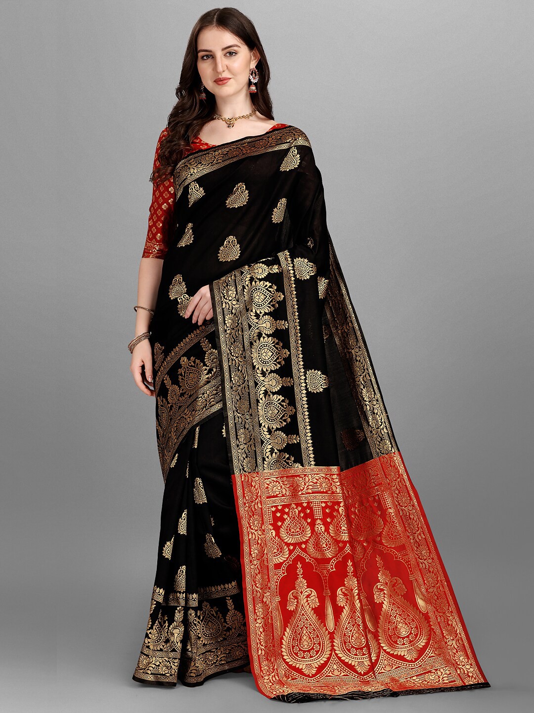 

Fashion Basket Black & Red Ethnic Motifs Art Silk Saree