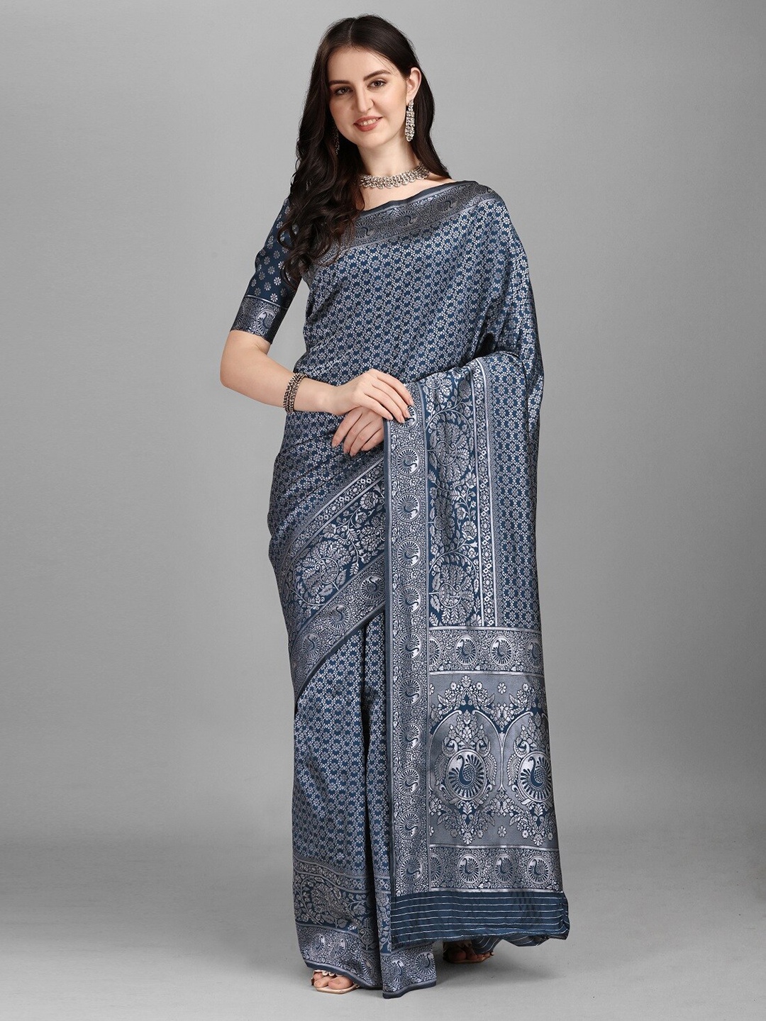 

Fashion Basket Teal Blue & Silver-Toned Ethnic Motifs Jacquard Saree