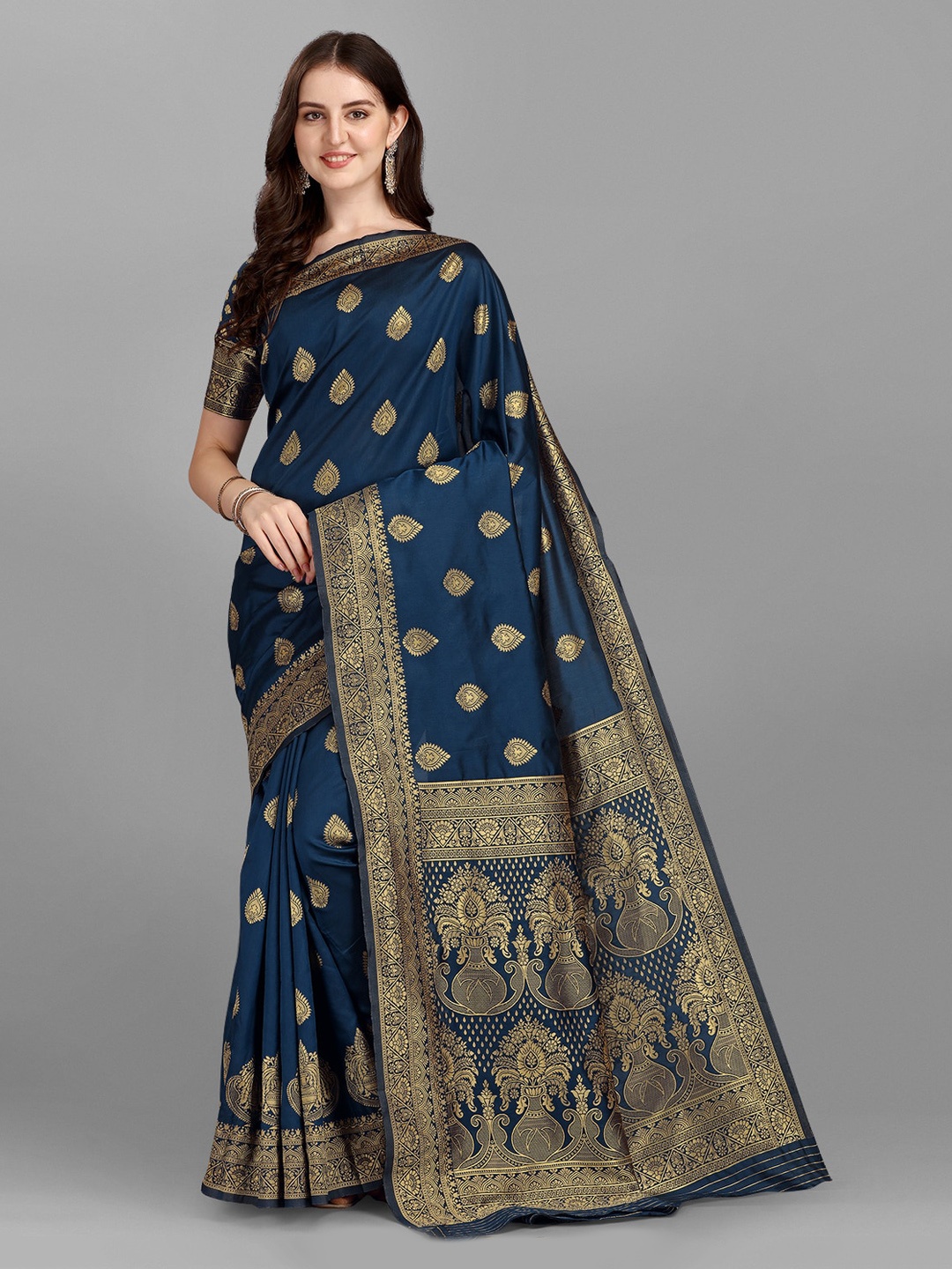 

Fashion Basket Navy Blue & Gold Woven Design Cotton Blend Saree