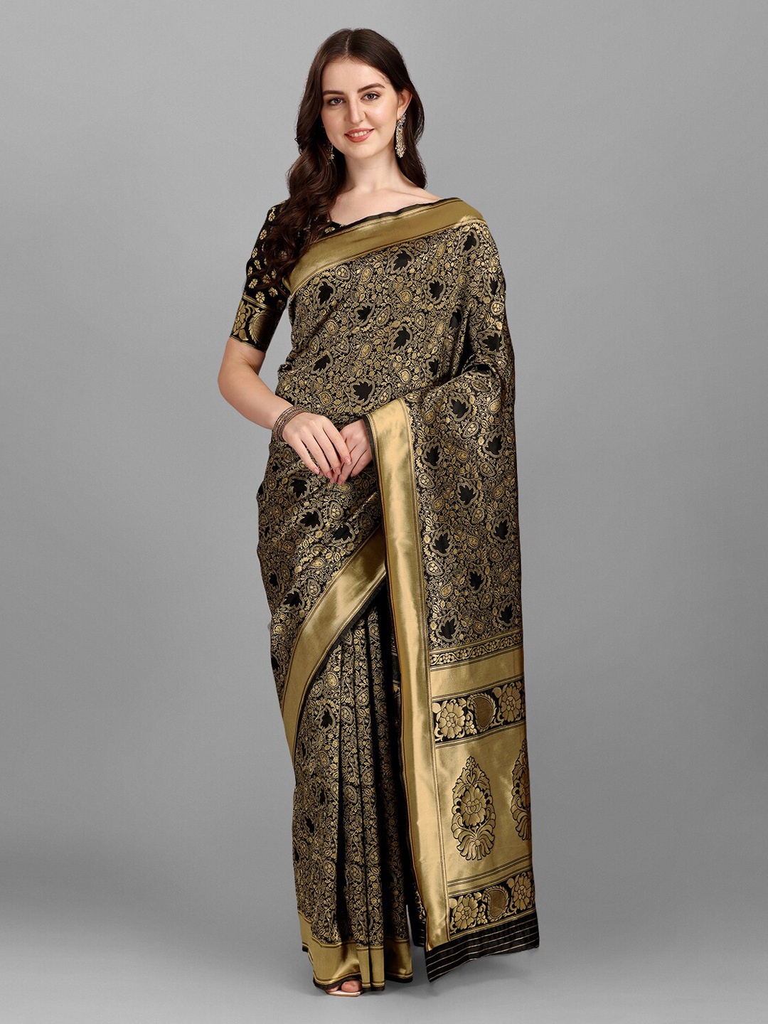 

Fashion Basket Black & Gold-Toned Ethnic Motifs Art Silk Saree With Unstitched Blouse
