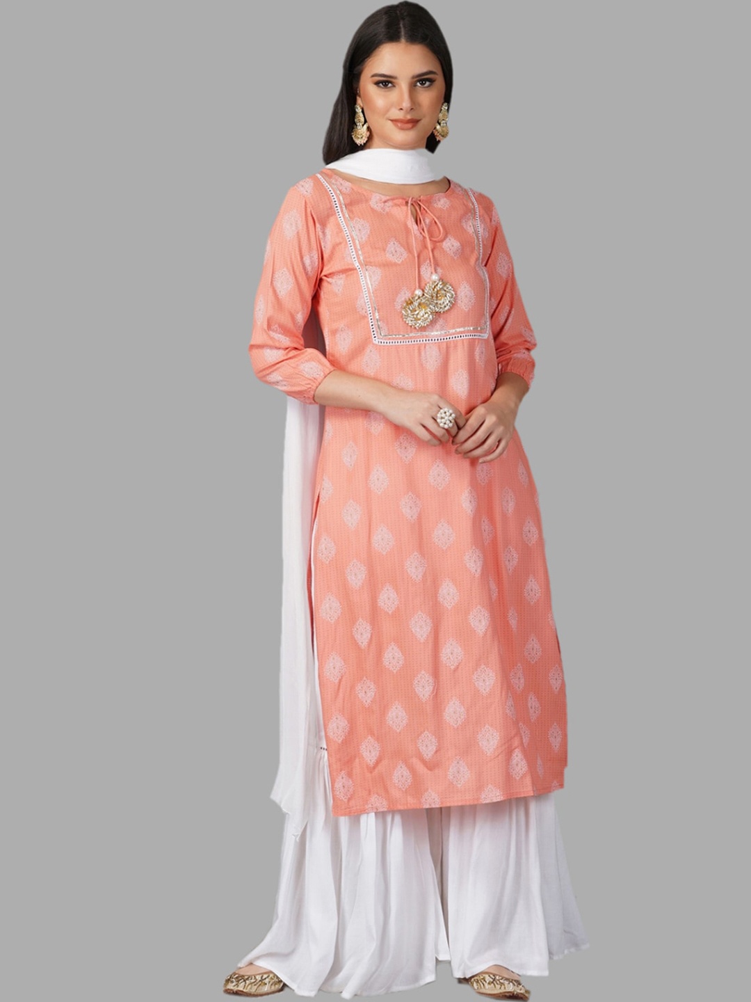 

METRO-FASHION Women Peach-Coloured Ethnic Motifs Printed Kurta with Sharara & With Dupatta