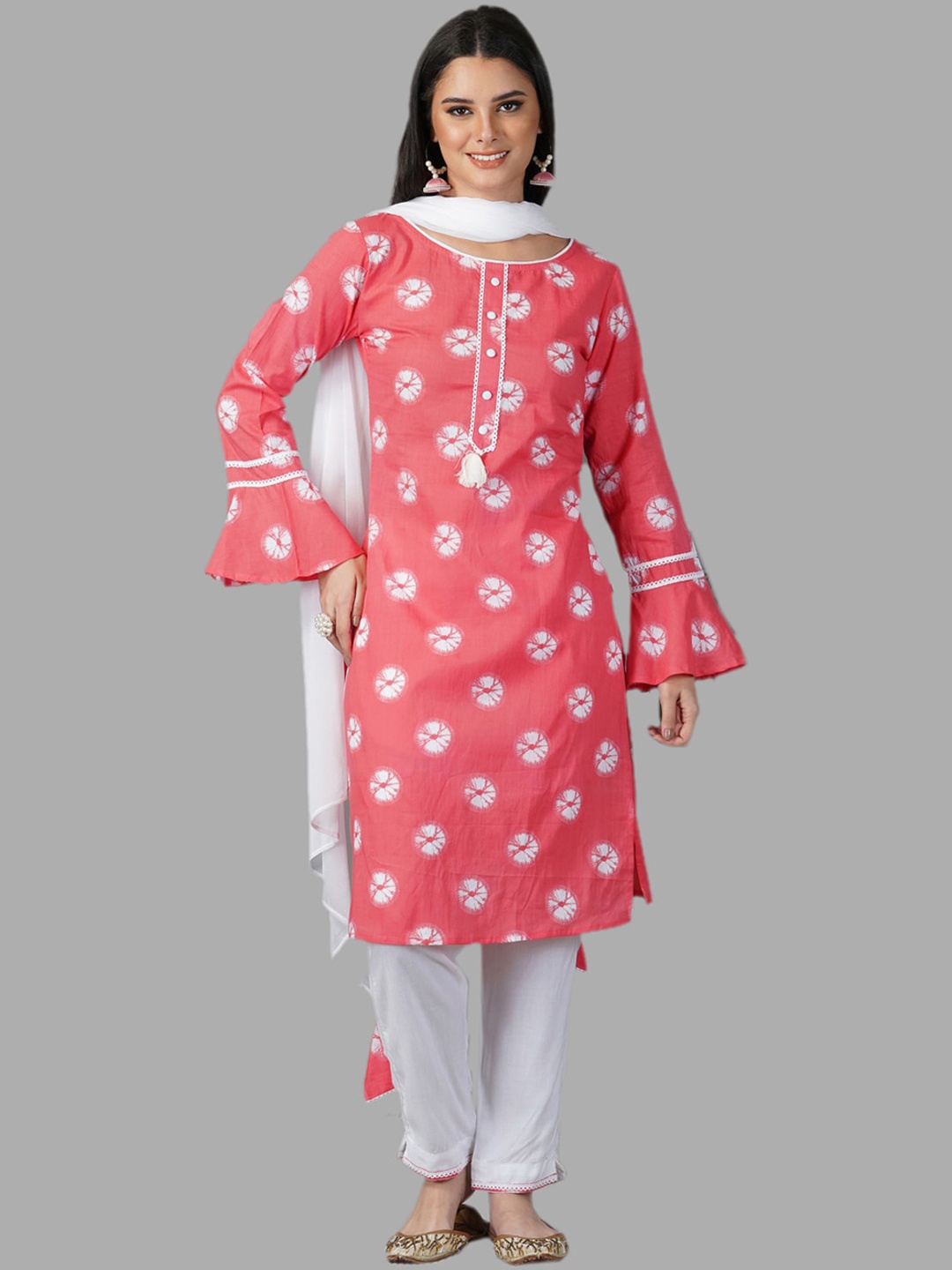 

METRO-FASHION Women Pink Dyed Pure Cotton Kurta with Trousers & With Dupatta