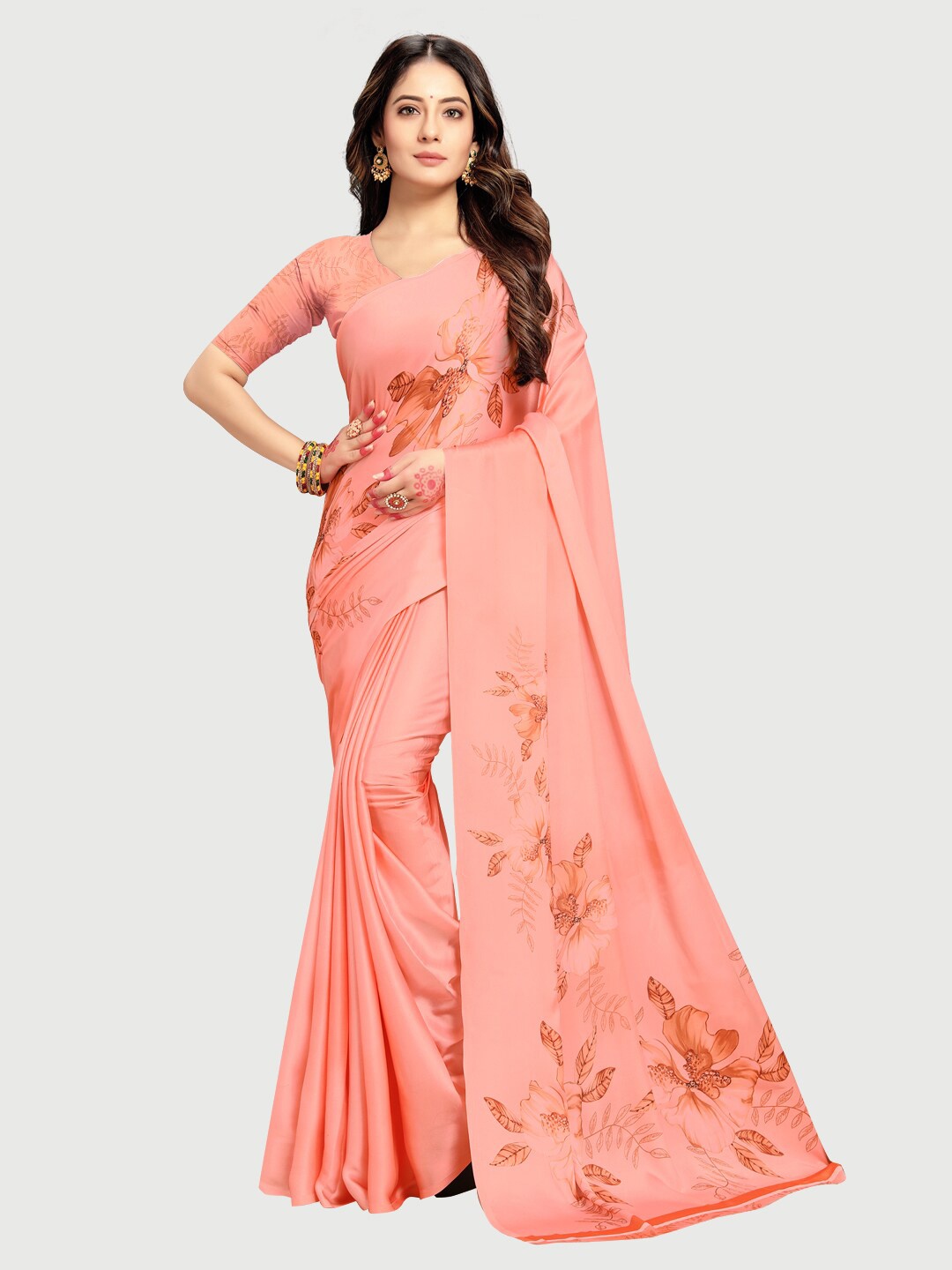 

Rekha Maniyar Peach Floral Print Satin Saree