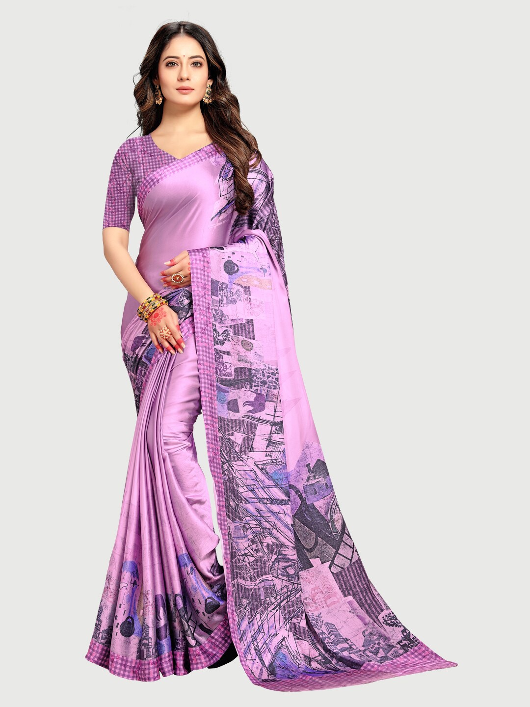 

Rekha Maniyar Purple & Black Abstract Printed Satin Saree