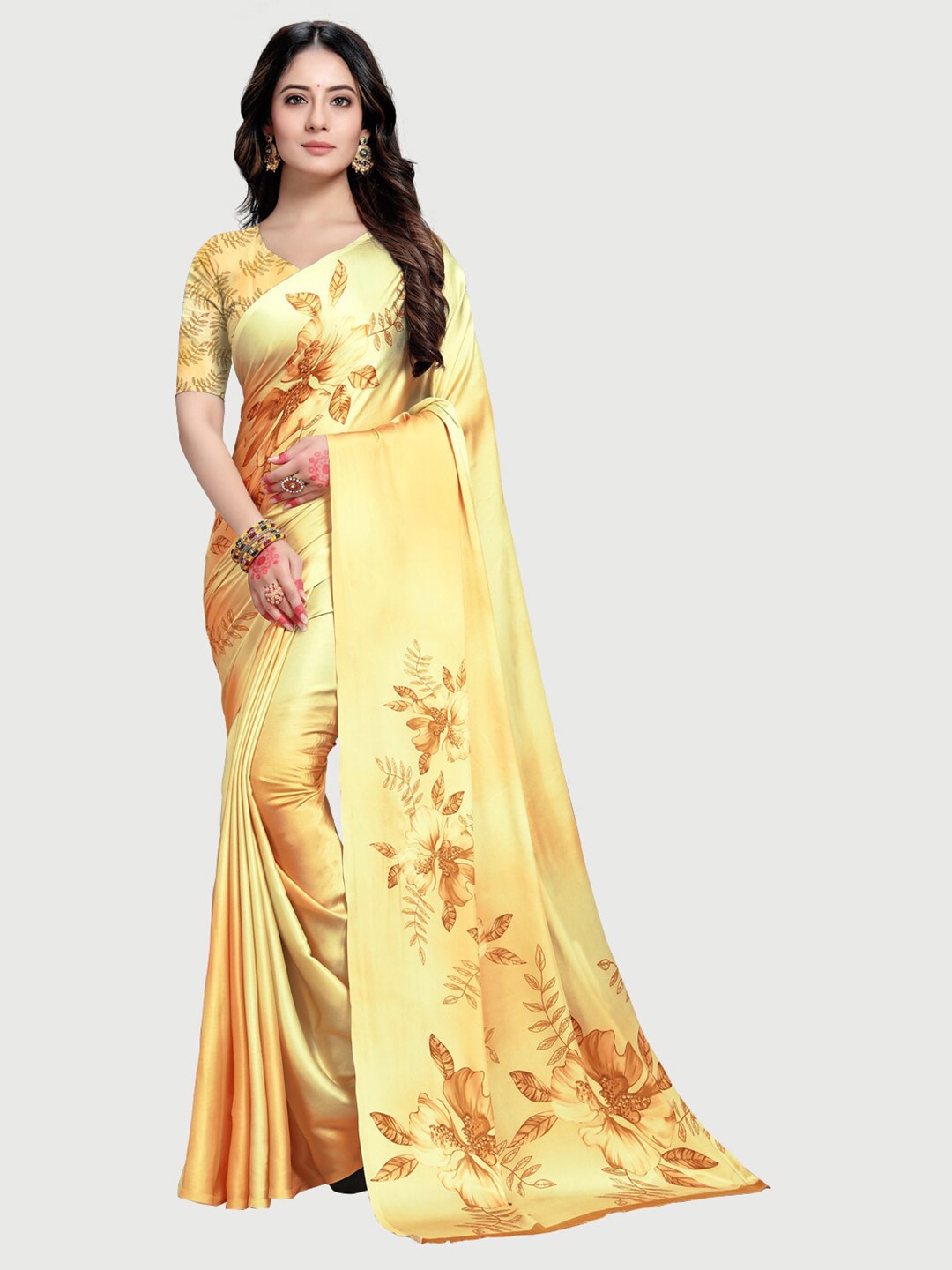 

Rekha Maniyar Yellow & Brown Floral Satin Saree