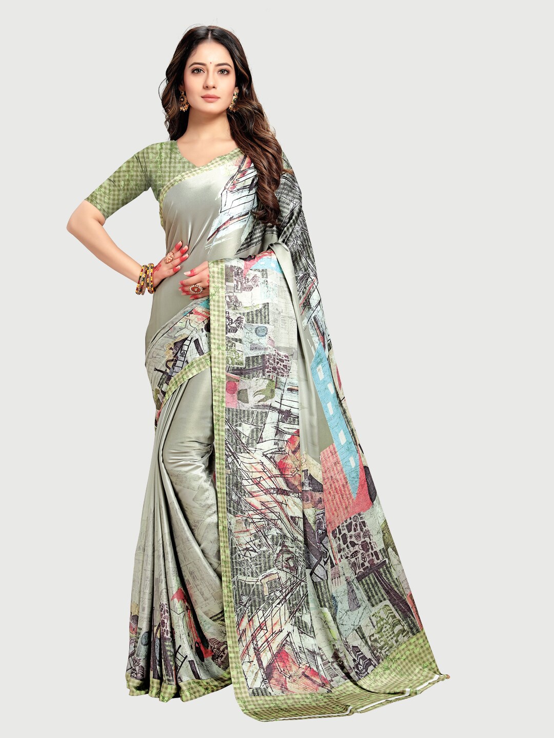 

Rekha Maniyar Grey & Green Floral Satin Saree