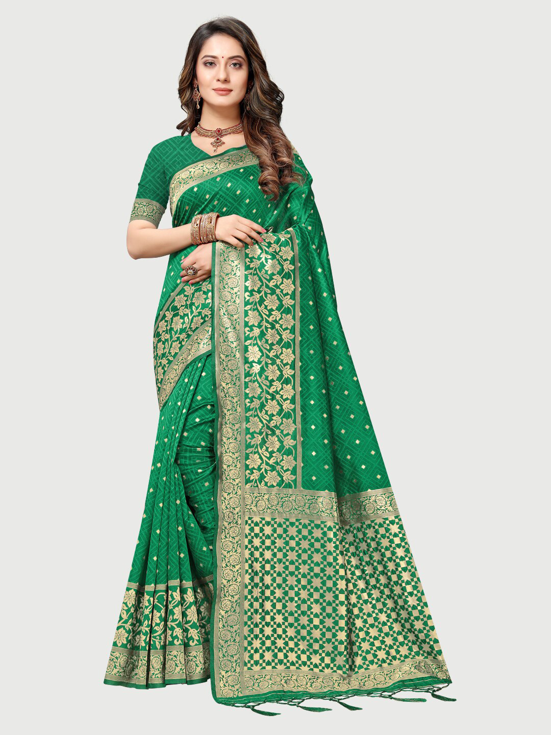 

Rekha Maniyar Green & Gold-Toned Woven Design Zari Silk Blend Mysore Silk Saree