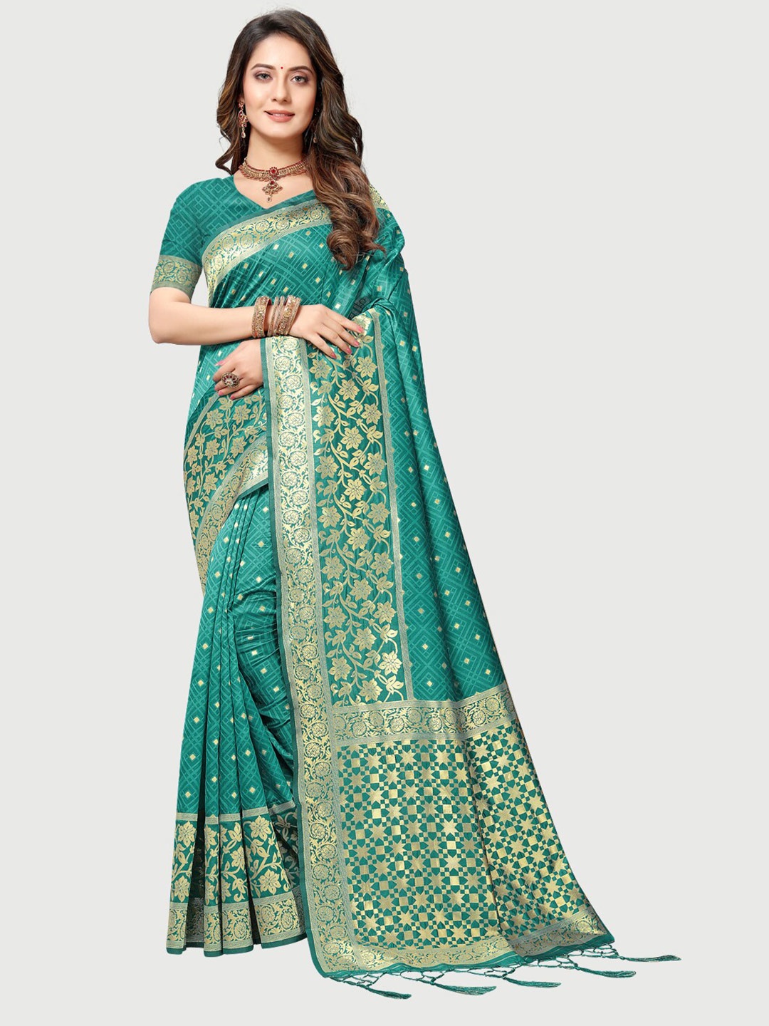 

Rekha Maniyar Teal & Gold-Toned Floral Zari Mysore Silk Saree