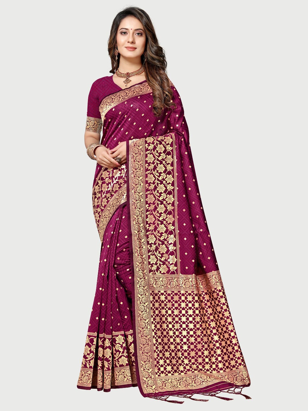 

Rekha Maniyar Purple & Gold-Toned Woven Design Zari Silk Blend Mysore Silk Saree