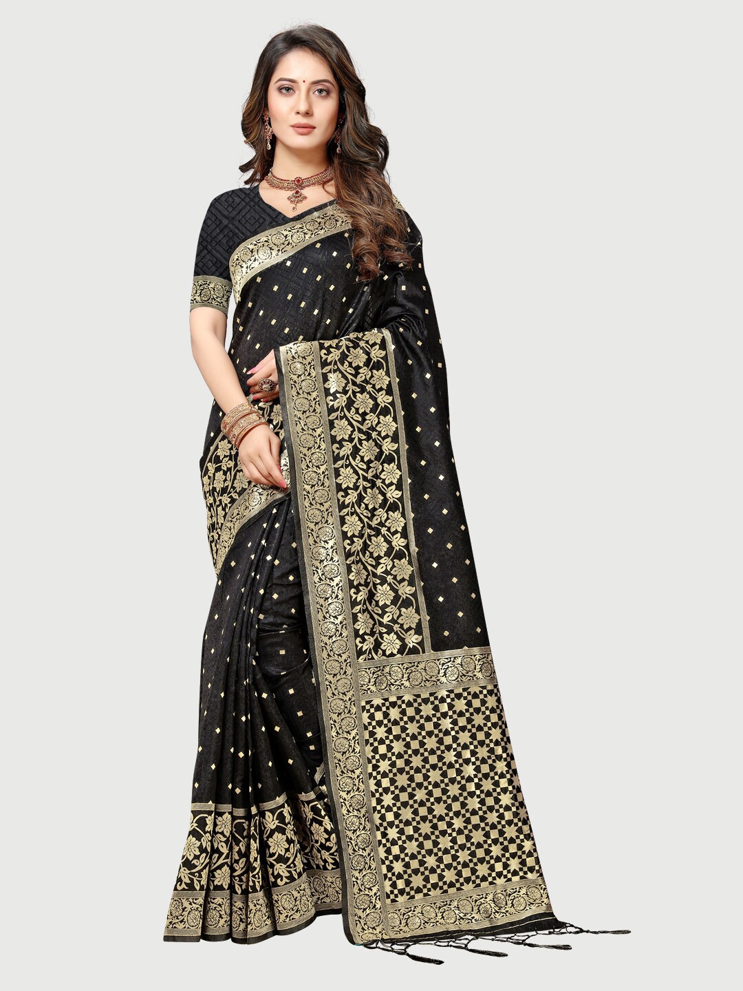 

Rekha Maniyar Black & Gold-Toned Woven Design Silk Blend Mysore Silk Saree