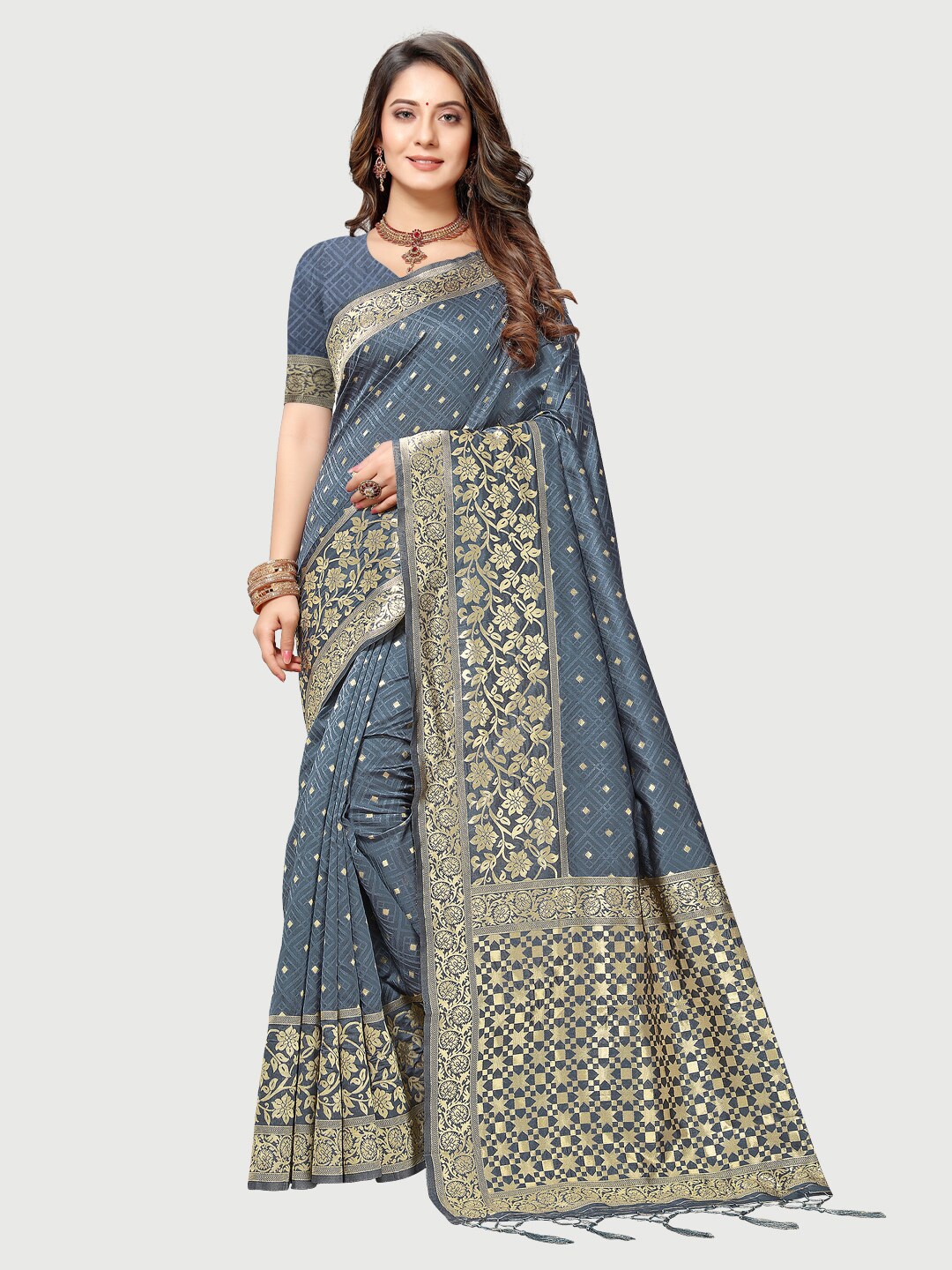 

Rekha Maniyar Grey And Gold-Toned Woven Design Zari Mysore Silk Saree