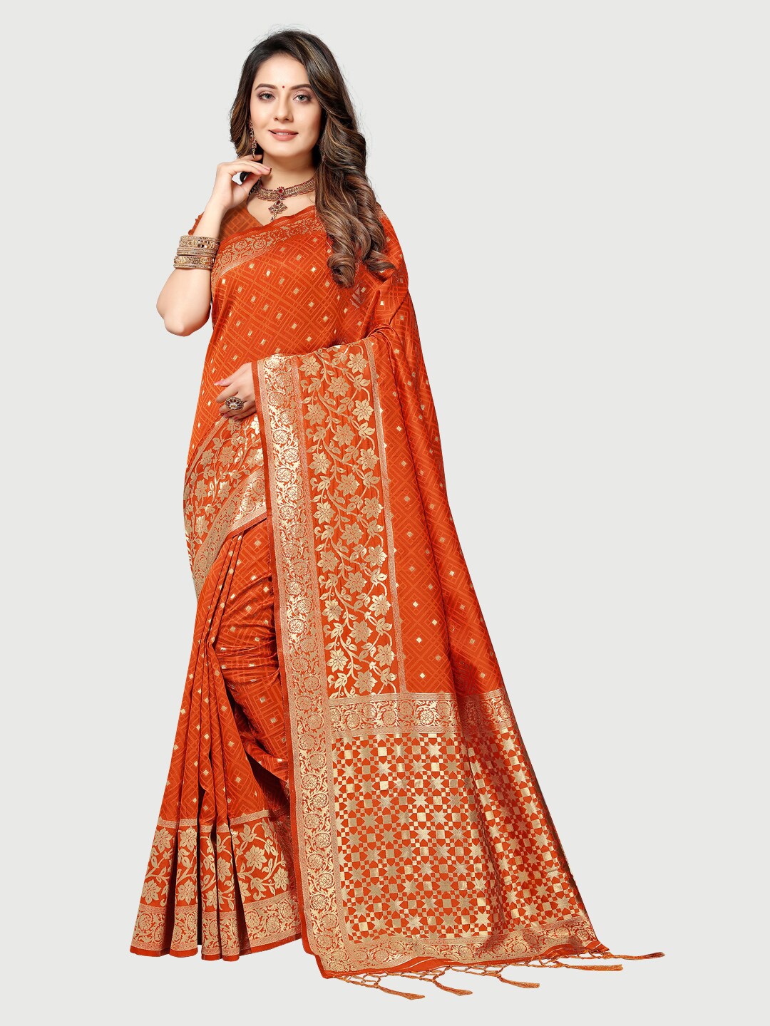 

Rekha Maniyar Orange & Gold-Toned Floral Zari Silk Blend Mysore Silk Saree
