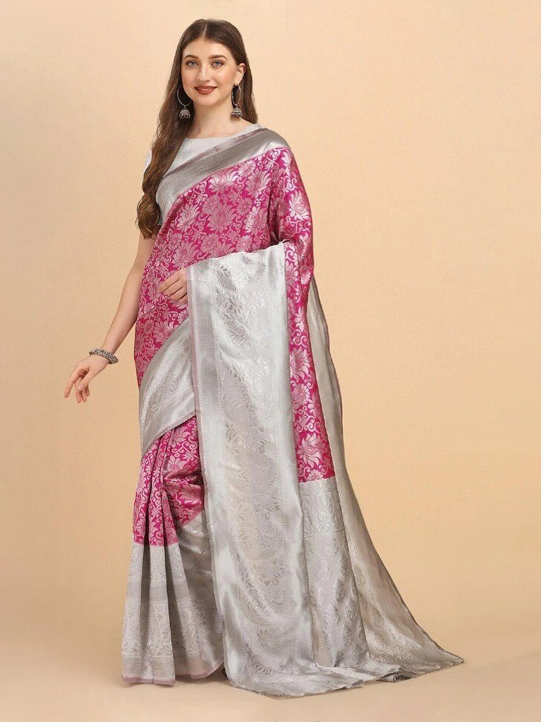 

Fashion Basket Pink & Silver-Toned Woven Design Saree