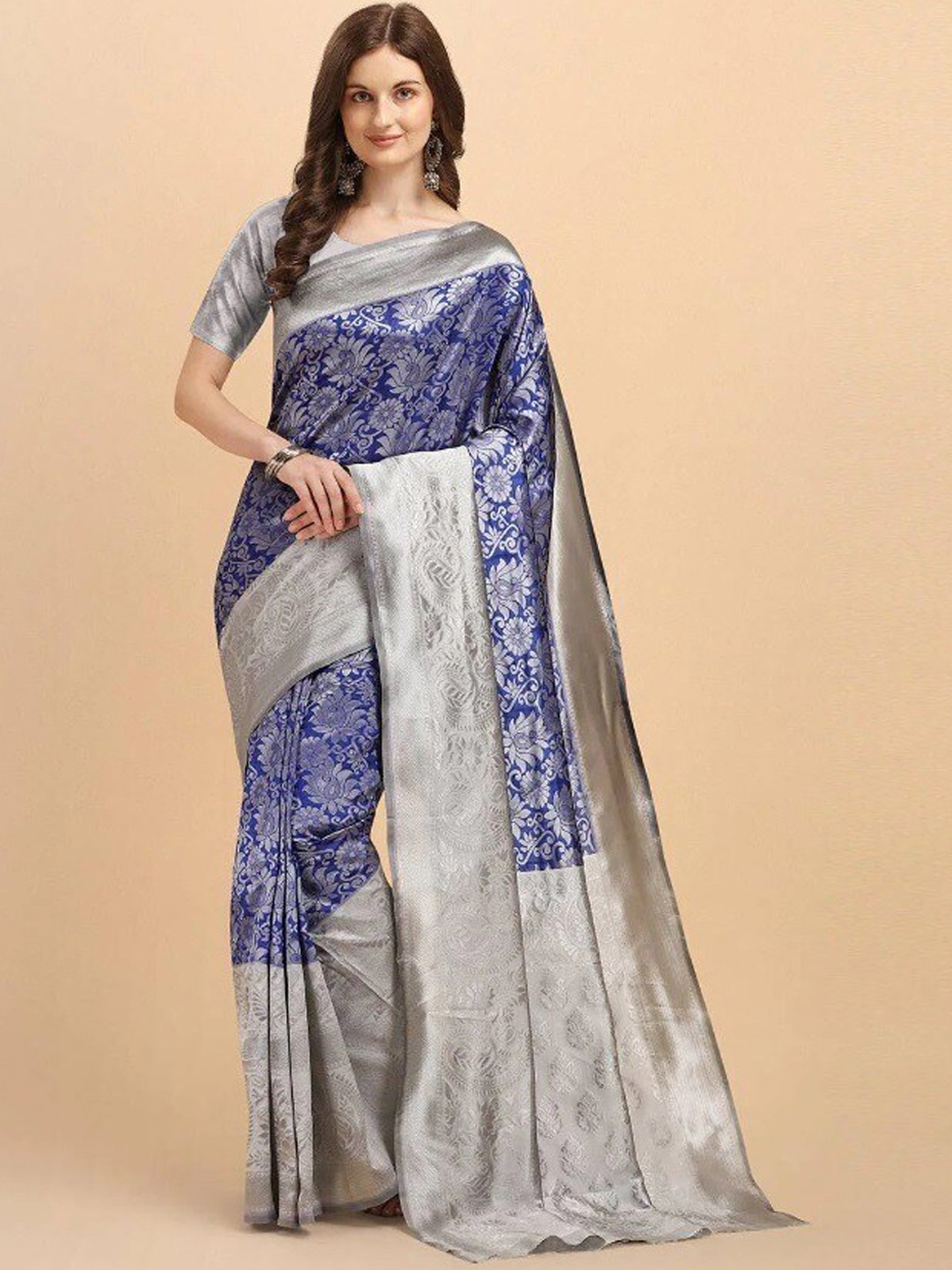 

Fashion Basket Blue & Silver-Toned Ethnic Motifs Zari Saree