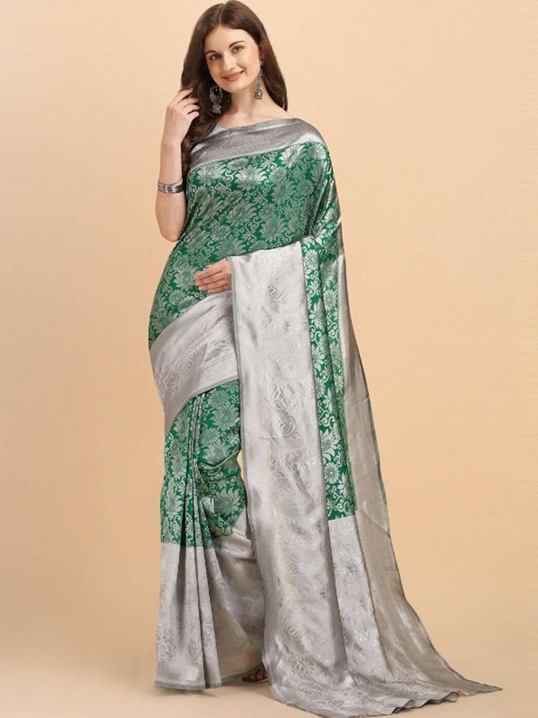 

Fashion Basket Green & Silver-Toned Woven Design Silk Blend Saree