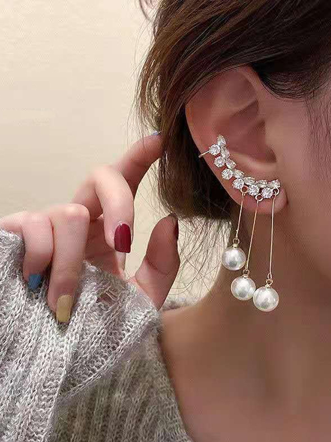 

Vembley Gold-Toned & White Contemporary Ear Cuff Earrings