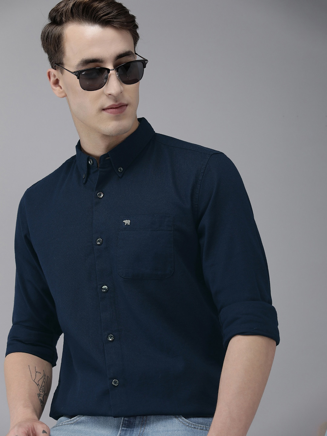 

THE BEAR HOUSE Men Navy Blue Slim Fit Casual Shirt